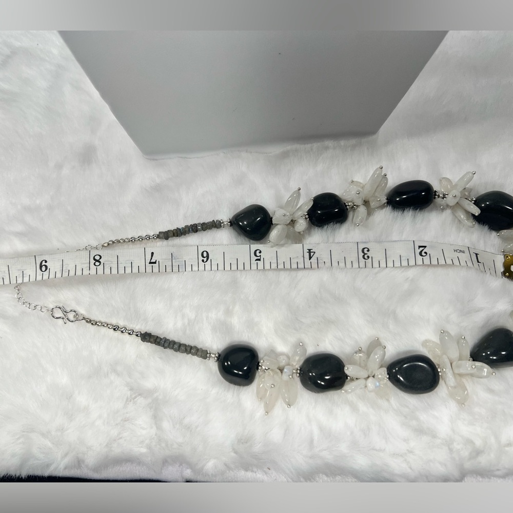 Silver Sheen Obsidian & Moonstone 925 Chunky Beaded Gemstone Necklace & Earrings - Picture 8 of 9